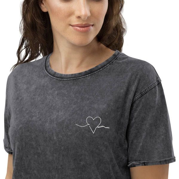 Load image into Gallery viewer, Embroidered Denim T-shirt, heart wings embroidery
