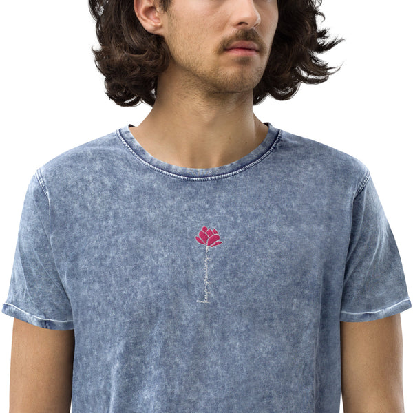 Load image into Gallery viewer, Embroidered Denim T-shirt, flower embroidery
