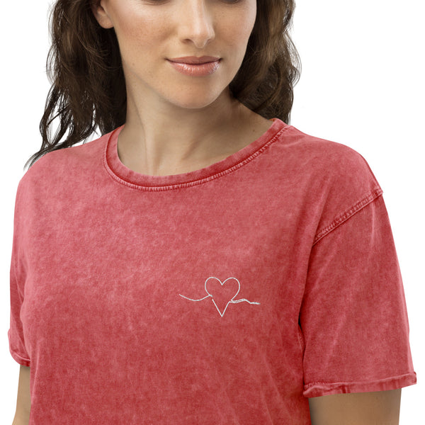 Load image into Gallery viewer, Embroidered Denim T-shirt, heart wings embroidery
